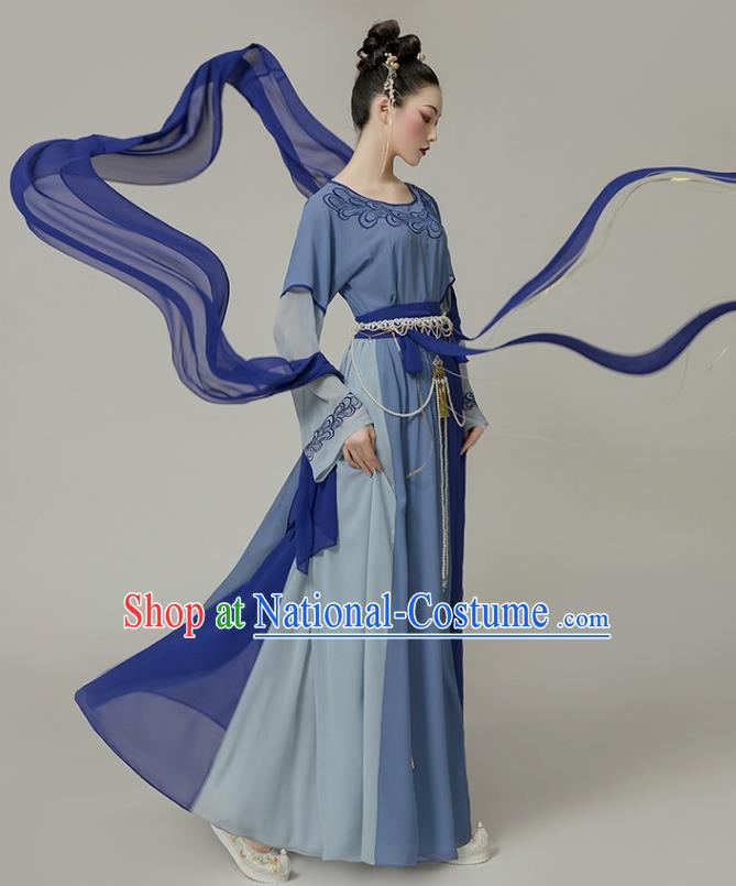 Chinese Tang Dynasty Blue Hanfu Dress Traditional Dunhuang Flying Apsaras Garment Costumes Ancient Fairy Clothing