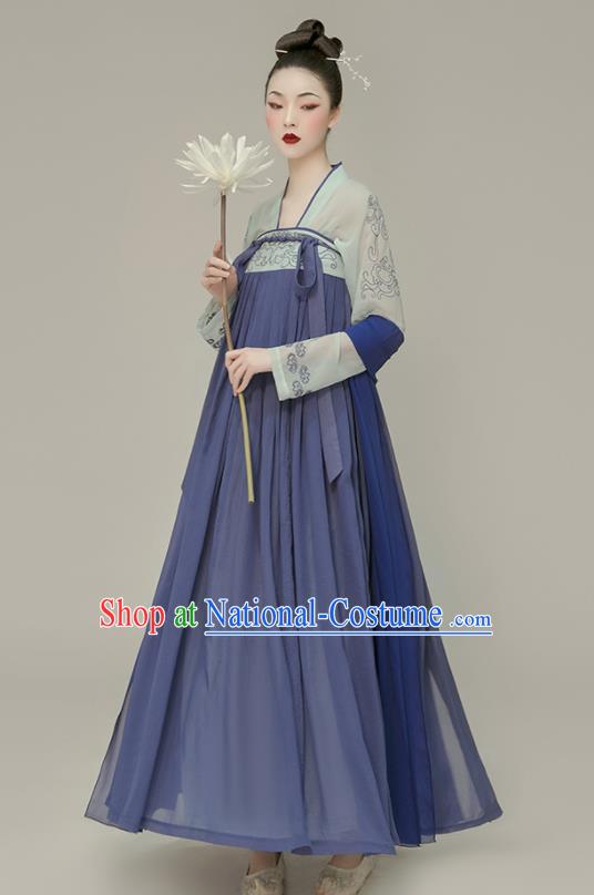 Chinese Ancient Court Lady Clothing Tang Dynasty Blue Hanfu Dress Traditional Princess Garment Costumes