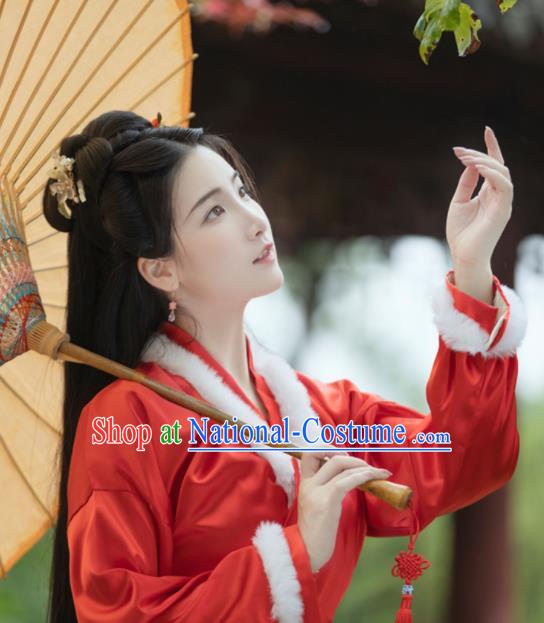 Chinese Song Dynasty Young Lady Costumes Ancient Noble Woman Clothing Traditional Winter Red Hanfu Dresses