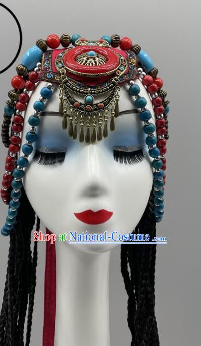 Chinese Tibetan Folk Dance Beads Headpiece Stage Performance Hair Jewelry Zang Nationality Dance Braid Headdress