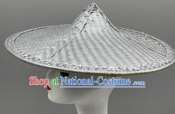 Chinese Dai Nationality Dance Headdress Yunnan Folk Dance Grey Bamboo Hat Stage Performance Headwear