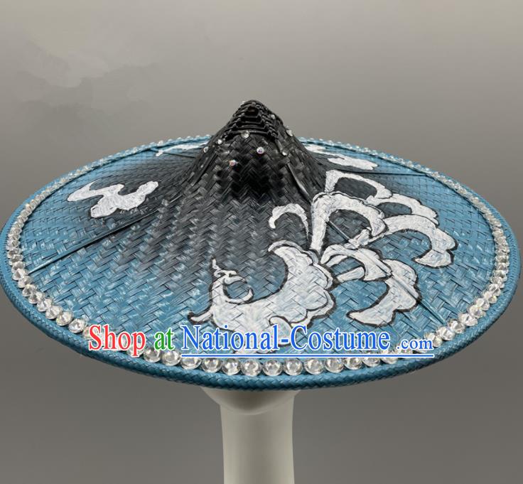 Chinese Stage Performance Headwear Dai Nationality Dance Headdress Yunnan Folk Dance Hand Painting Blue Bamboo Hat