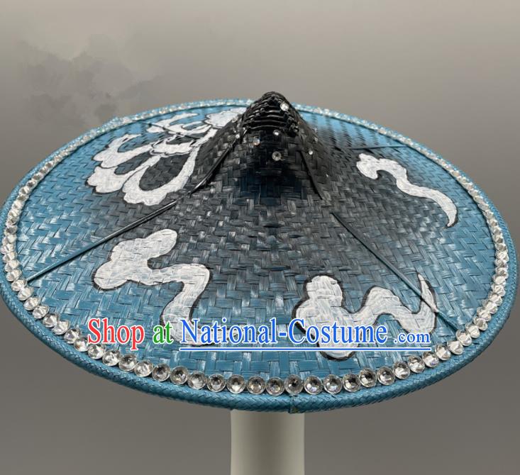 Chinese Stage Performance Headwear Dai Nationality Dance Headdress Yunnan Folk Dance Hand Painting Blue Bamboo Hat