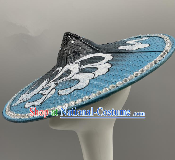 Chinese Stage Performance Headwear Dai Nationality Dance Headdress Yunnan Folk Dance Hand Painting Blue Bamboo Hat