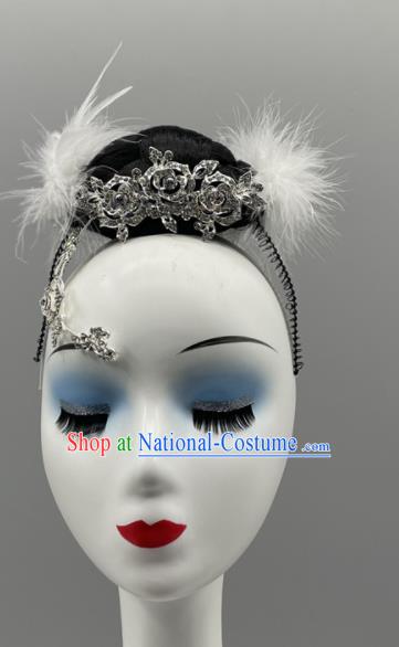 Chinese Stage Performance White Feather Hair Comb Folk Dance Hairpiece Yangko Dance Headwear Women Group Dance Hair Jewelry