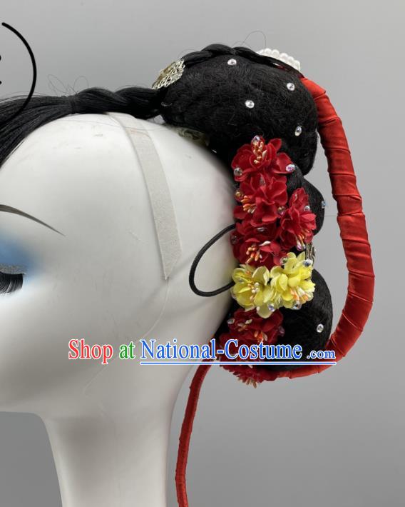 Chinese Stage Performance Wig Chignon Classical Dance Hairpiece Woman Dance Competition Headdress