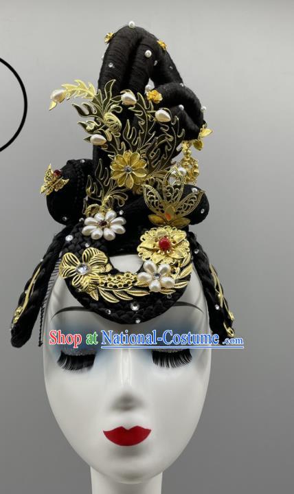 Chinese Women Group Dance Headpiece Classical Dance Headdress Beauty Dance Hair Jewelries Stage Performance Wig Hairpieces