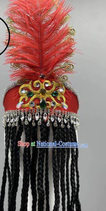 Chinese Xinjiang Dance Red Feather Headband Ethnic Stage Performance Hair Jewelry Uyghur Nationality Folk Dance Headdress