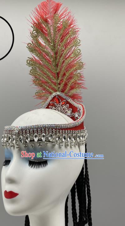 Chinese Xinjiang Dance Red Feather Headband Ethnic Stage Performance Hair Jewelry Uyghur Nationality Folk Dance Headdress