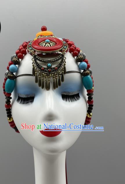 Chinese Zang Nationality Folk Dance Headdress Tibetan Dance Beads Headband Ethnic Stage Performance Hair Jewelry