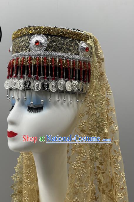 Chinese Tajik Nationality Folk Dance Headdress Xinjiang Dance Bells Hat Ethnic Stage Performance Veil Headwear