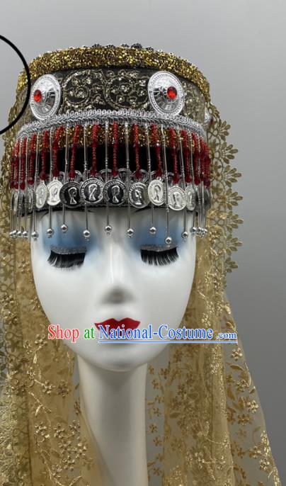 Chinese Tajik Nationality Folk Dance Headdress Xinjiang Dance Bells Hat Ethnic Stage Performance Veil Headwear