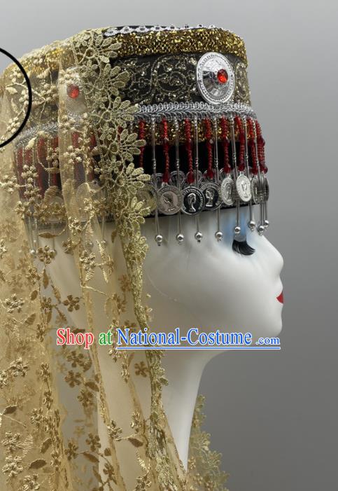 Chinese Tajik Nationality Folk Dance Headdress Xinjiang Dance Bells Hat Ethnic Stage Performance Veil Headwear