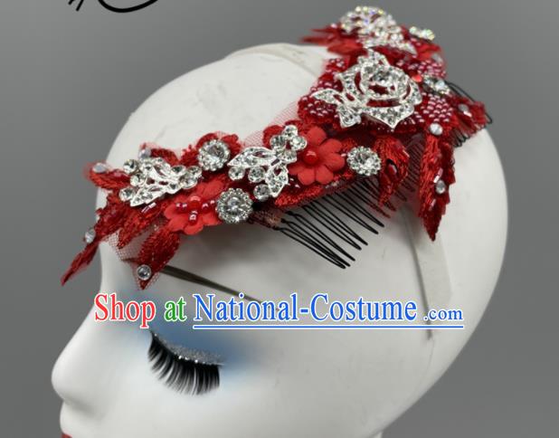 Chinese Yangko Dance Red Flower Headwear Women Group Dance Hair Jewelry Stage Performance Hair Comb Folk Dance Headpiece