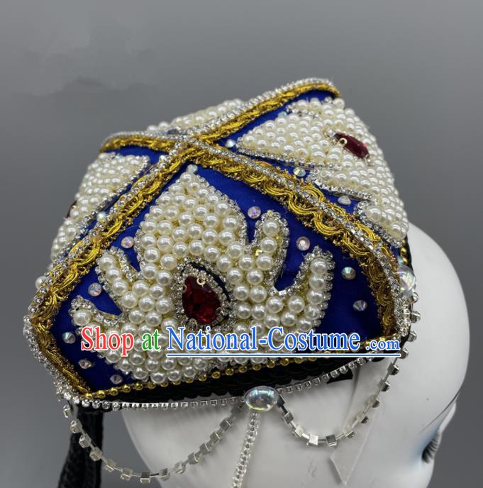 Chinese Xinjiang Dance Royal Blue Hat Ethnic Stage Performance Headwear Uyghur Nationality Folk Dance Braids Headdress