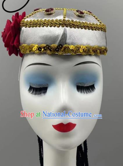 Chinese Uyghur Nationality Folk Dance Braids Headdress Xinjiang Dance Silvery Hat Ethnic Stage Performance Headwear