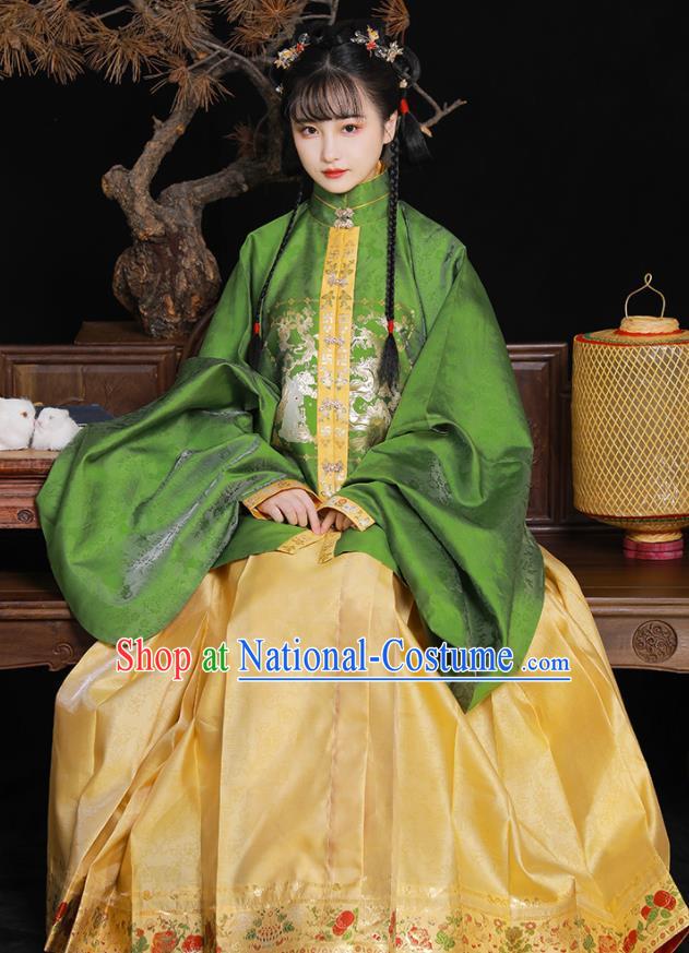 Chinese Ming Dynasty Young Beauty Garment Costumes Ancient Noble Lady Clothing Traditional Hanfu Green Blouse and Yellow Skirt Complete Set