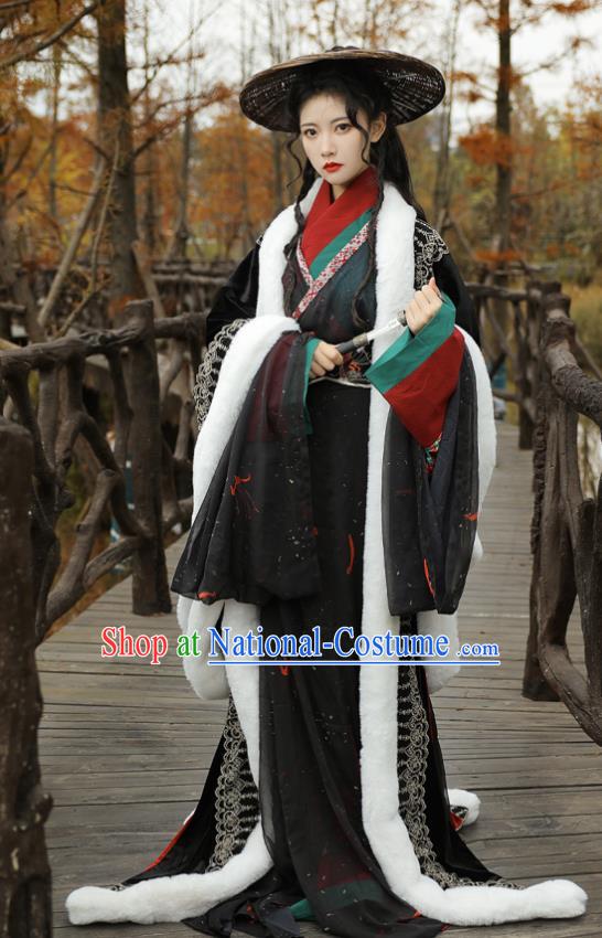 Chinese Traditional Hanfu Straight Front Robe Black Dresses Ancient Noble Lady Clothing Han Dynasty Court Woman Garment Costumes