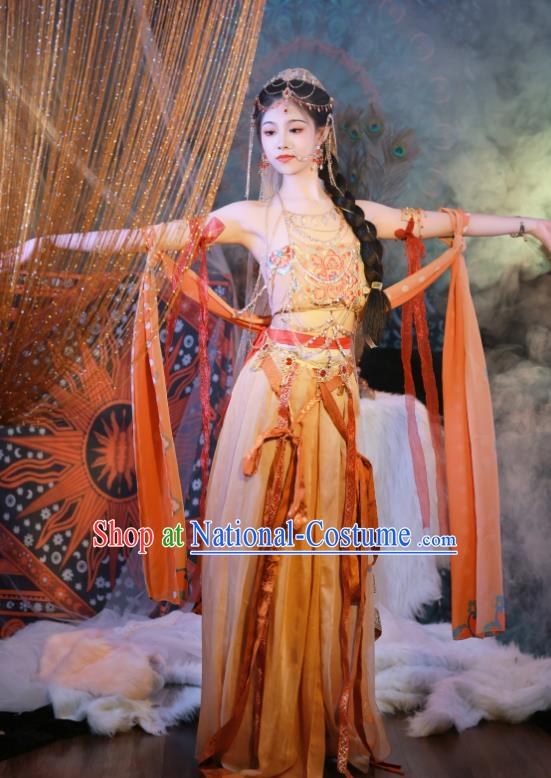 Chinese Ethnic Young Lady Garment Costumes Traditional Dance Dress Ancient Western Regions Princess Clothing and Headpieces