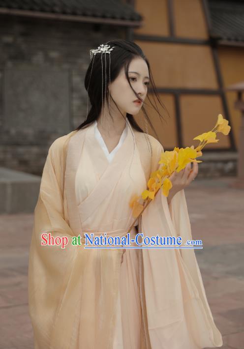 Chinese Ancient Young Beauty Clothing Jin Dynasty Swordswoman Garment Costumes Traditional Yellow Hanfu Dresses