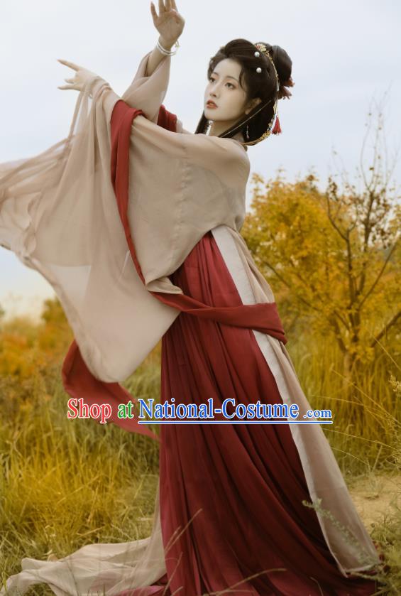 Chinese Tang Dynasty Princess Garment Costumes Traditional Dark Red Hanfu Dresses Ancient Goddess Clothing