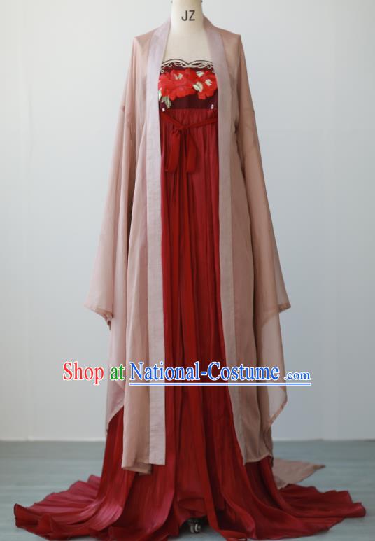 Chinese Tang Dynasty Princess Garment Costumes Traditional Dark Red Hanfu Dresses Ancient Goddess Clothing