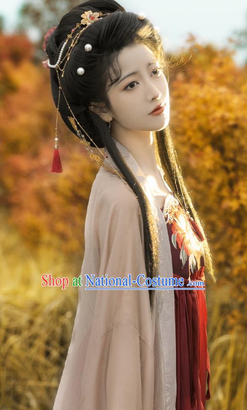 Chinese Tang Dynasty Princess Garment Costumes Traditional Dark Red Hanfu Dresses Ancient Goddess Clothing