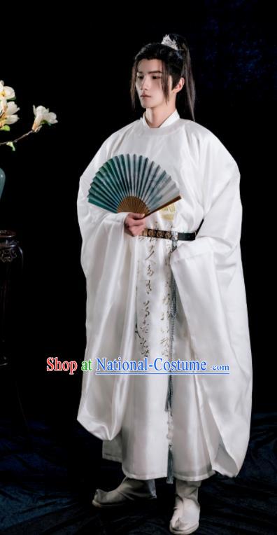 Chinese Ancient Young Childe Clothing Song Dynasty Prince Swordsman Garment Costumes Traditional Scholar White Embroidered Robe