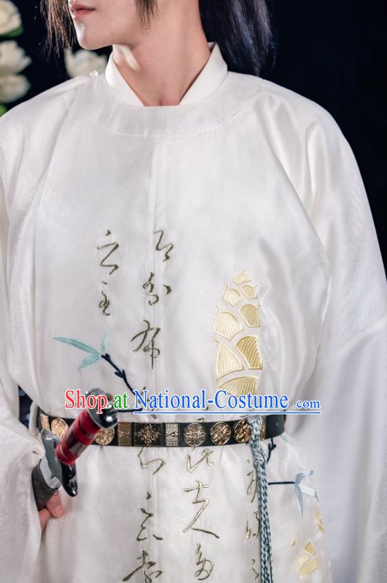 Chinese Ancient Young Childe Clothing Song Dynasty Prince Swordsman Garment Costumes Traditional Scholar White Embroidered Robe