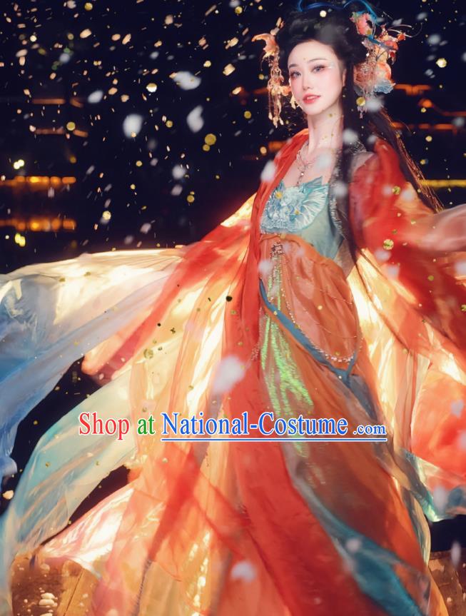 China Tang Dynasty Empress Red Dresses Ancient Butterfly Fairy Costumes Traditional Embroidered Hanfu