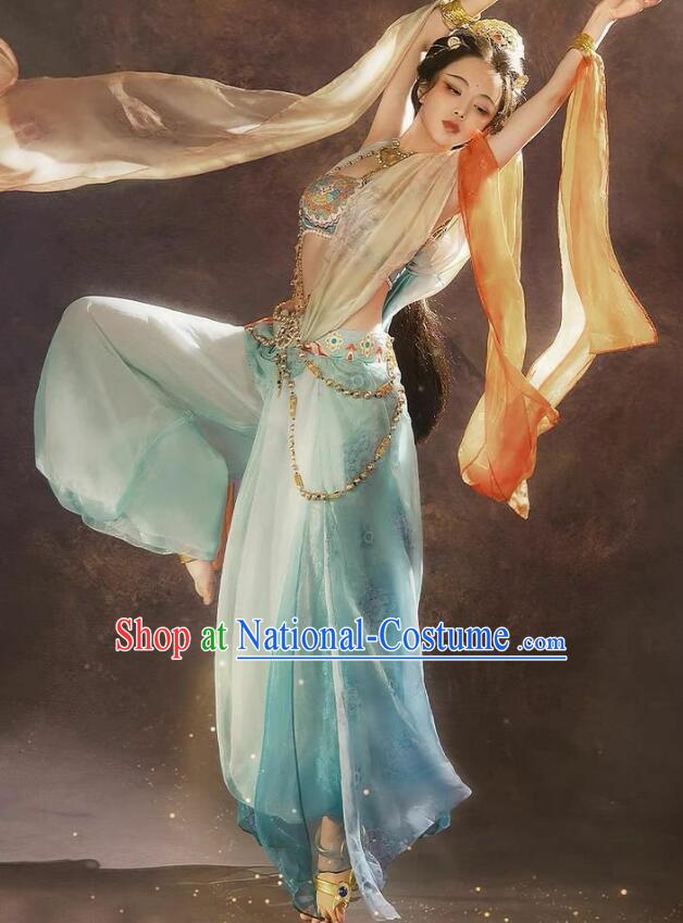 Traditional Chinese Dun Huang Flying Apsaras Costume Ancient Tang Dynasty Dance Lady Dress Fairy Light Blue Hanfu Clothing