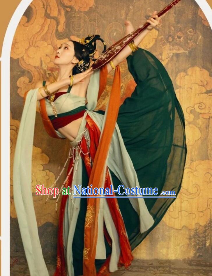 Chinese Ancient Fairy Dark Green Hanfu Clothing Traditional Dun Huang Flying Apsaras Costume Tang Dynasty Dance Lady Dress