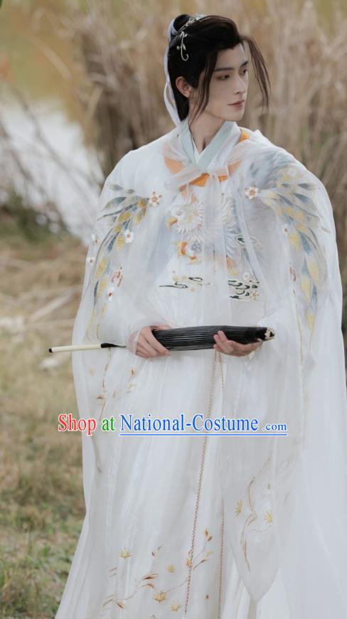 China Ancient Swordsman Costume Ming Dynasty Male White Cape Traditional Hanfu Embroidered Cloak