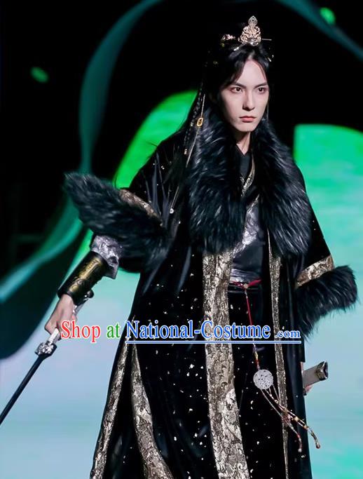 China Ming Dynasty Swordsman Black Clothing Traditional Winter Male Hanfu Ancient Young Hero Costumes