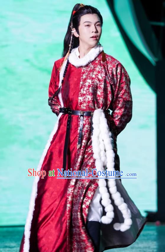 China Ancient Young Childe Costume Tang Dynasty Prince Clothing Traditional Winter Swordsman Red Hanfu Robe