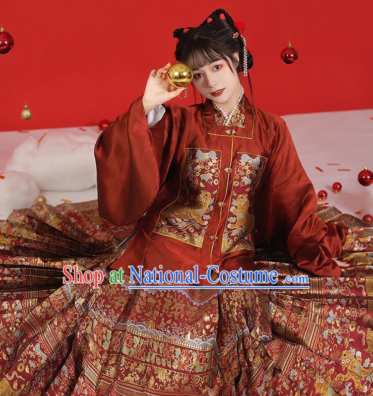 China Ancient Young Lady Costumes Ming Dynasty Princess Clothing Traditional Hanfu Red Blouse and Skirt Complete Set