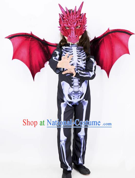 Top Halloween Fancy Ball Costume Carnival Clothing Cosplay Dinosaur Red Mask and Wings Set