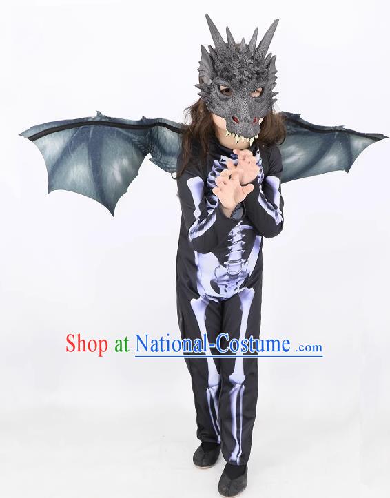 Top Cosplay Dinosaur Dark Gray Mask and Wings Halloween Fancy Ball Costume Carnival Clothing Set