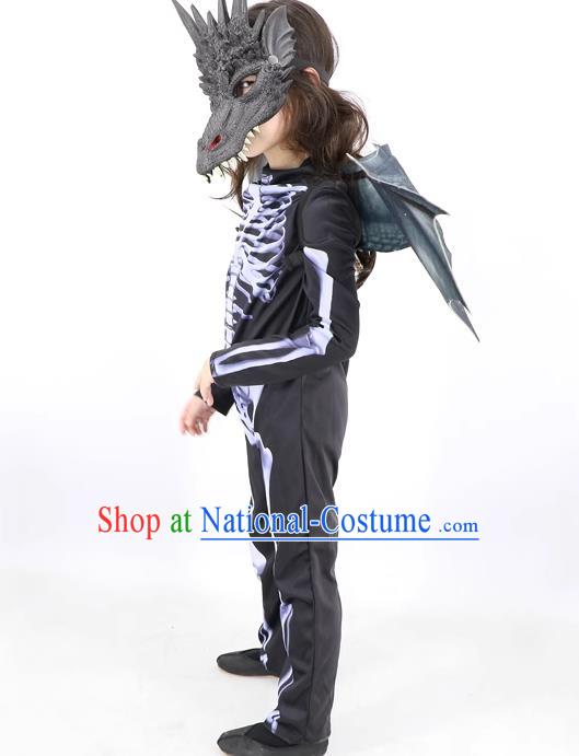 Top Cosplay Dinosaur Dark Gray Mask and Wings Halloween Fancy Ball Costume Carnival Clothing Set