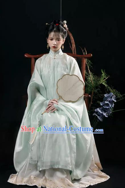 China Ancient Noble Lady Costumes Traditional Ming Dynasty Light Green Long Gown and Ma Mian Qun Skirt Complete Set