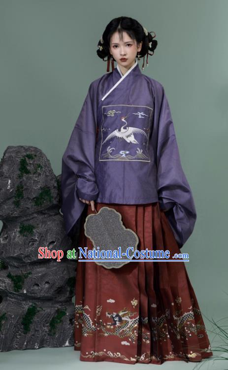 China Traditional Hanfu Ming Dynasty Purple Blouse and Red Ma Mian Qun Skirt Ancient Young Woman Costumes Complete Set