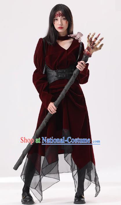 Top Cosplay Demon Dark Red Dress Halloween Fancy Ball Vampiress Costume for Women