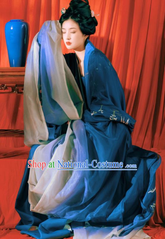 China Song Dynasty Replica Costumes Traditional Court Woman Hanfu Ancient Imperial Consort Blue Dresses