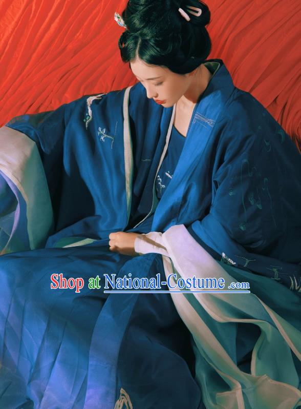 China Song Dynasty Replica Costumes Traditional Court Woman Hanfu Ancient Imperial Consort Blue Dresses