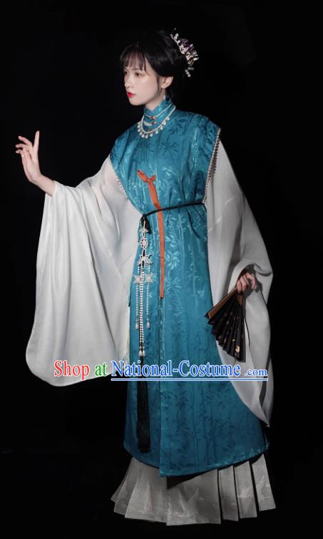 China Ming Dynasty Historical Clothing Traditional Hanfu Blue Vest Long Gown and Mamian Skirt Ancient Noble Woman Costumes