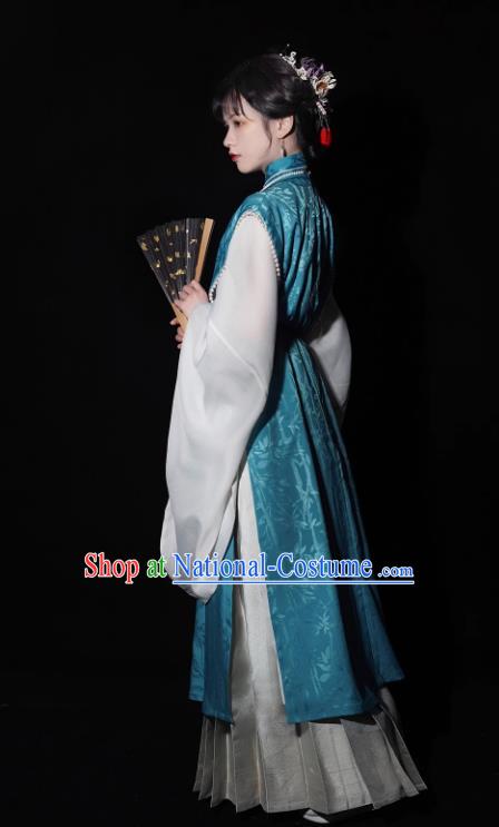 China Ming Dynasty Historical Clothing Traditional Hanfu Blue Vest Long Gown and Mamian Skirt Ancient Noble Woman Costumes