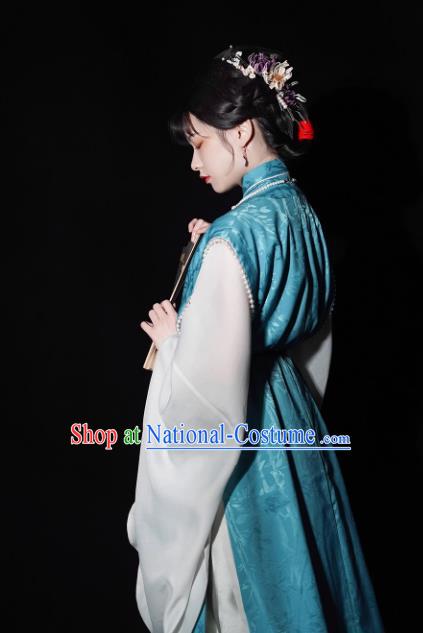 China Ming Dynasty Historical Clothing Traditional Hanfu Blue Vest Long Gown and Mamian Skirt Ancient Noble Woman Costumes