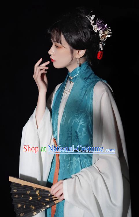 China Ming Dynasty Historical Clothing Traditional Hanfu Blue Vest Long Gown and Mamian Skirt Ancient Noble Woman Costumes