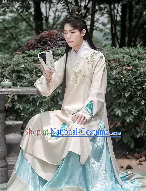 China Ancient Noble Childe Costumes Ming Dynasty Historical Clothing Traditional Hanfu Beige Long Gown and Blue Mamian Skirt