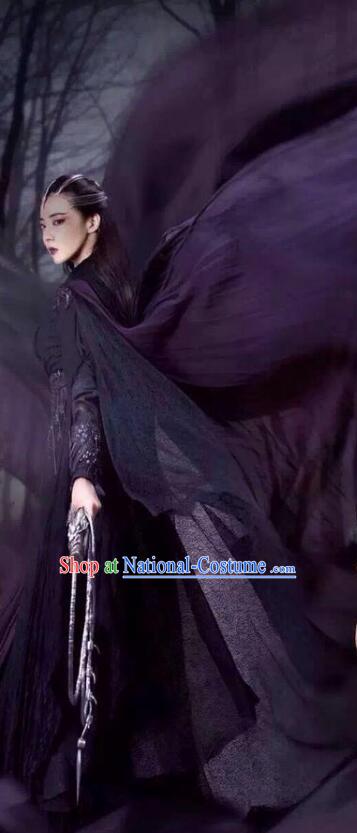 China Ancient Swordswoman Costume Wuxia TV the Legend of the Condor Heroes Mei Chaofeng Purple Outfit with Cloak